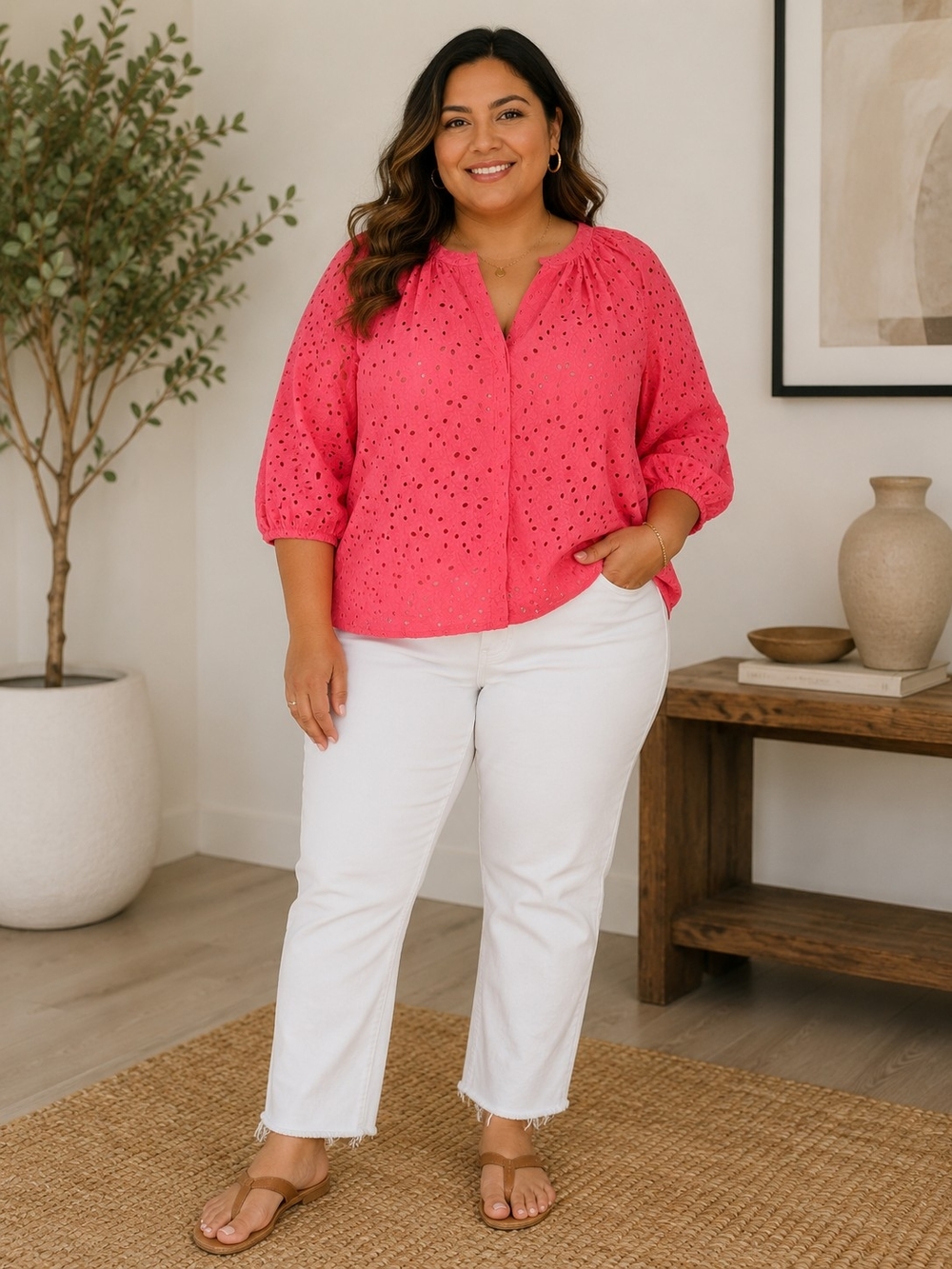 Calypso St. Barth Pink Eyelet Peasant Blouse | Size 1X - NWT
